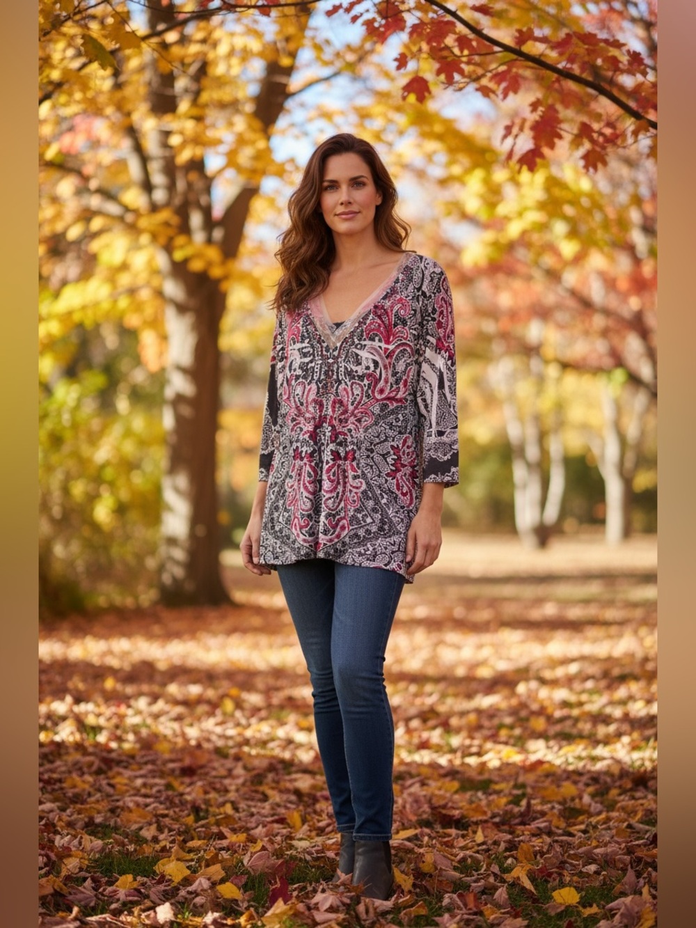 ONE WORLD Pink and Black Paisley V-Neck Tunic